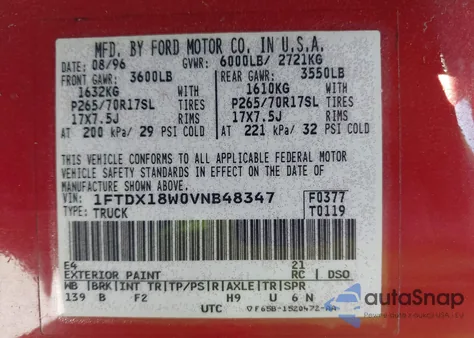 1997 Ford F-150 Lariat/Xl/Xlt from USA, damaged, VIN 1FTDX18W0VNB48347